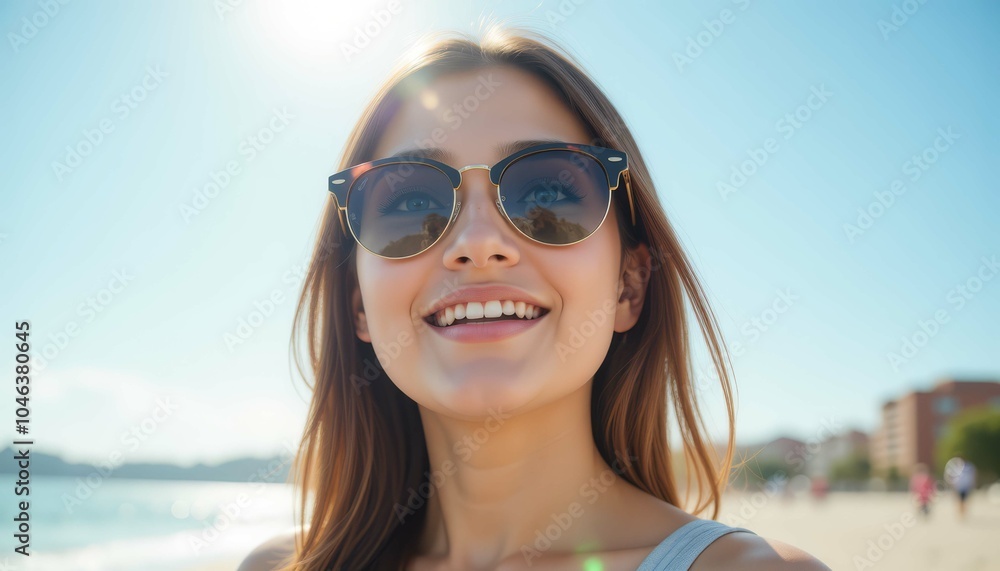 Smiling woman in sunglasses enjoying a sunny day at the beach. Smiling woman in sunglasses enjoying a sunny day at the beach.