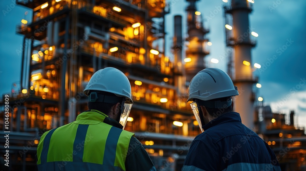 Workers discussing operations at a bustling oil refinery during twilight, illuminated by glowing machinery and infrastructure Workers discussing operations at a bustling oil refinery during twilight, illuminated by glowing machinery and infrastructure