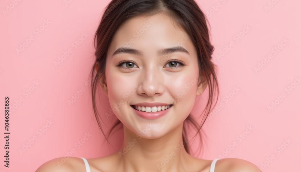 Smiling woman with natural makeup against a pink background. Smiling woman with natural makeup against a pink background.