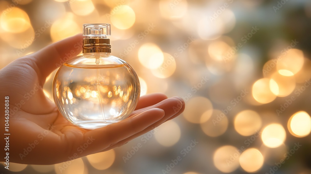 Hand holding perfume bottle, blurred background Hand holding perfume bottle, blurred background