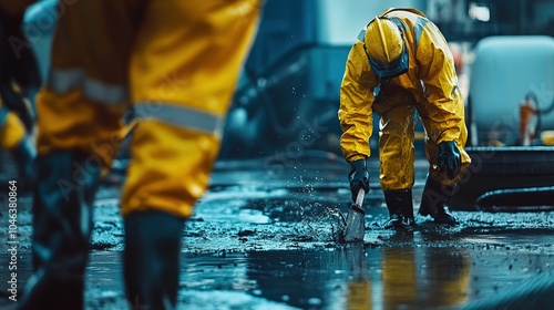 Workers in bright orange waterproof gear walking through a rain-soaked surface at a construction site during a cloudy day