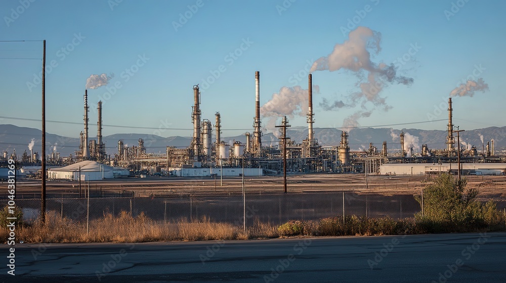 Industrial landscape of a large oil refinery during sunset with dramatic clouds in the sky and green fields in the foreground Industrial landscape of a large oil refinery during sunset with dramatic clouds in the sky and green fields in the foreground