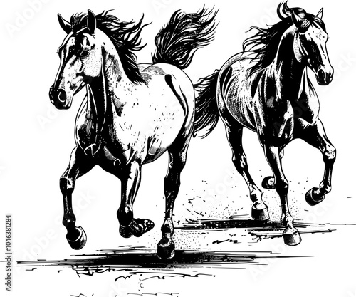 Two black and white horses running side by side.