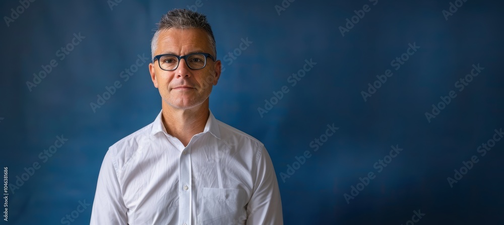 Professional Portrait of Mature Man in White Shirt Against Deep Blue Background Professional Portrait of Mature Man in White Shirt Against Deep Blue Background