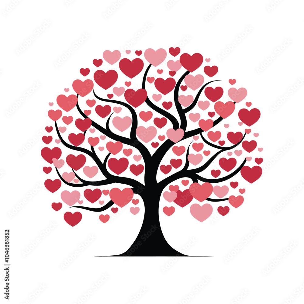 Obraz premium Valentine's day card, love tree with heart leaves flat Illustration vector.