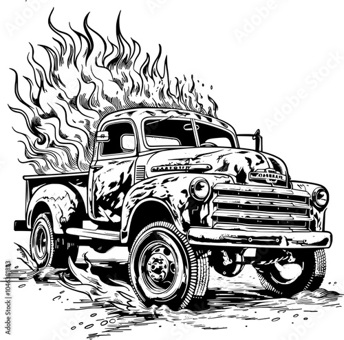 Black and white illustration of a vintage truck with flames coming out of the hood.