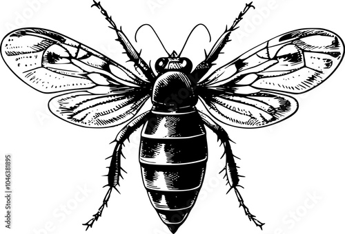 A detailed black and white drawing of a bee with its wings spread.