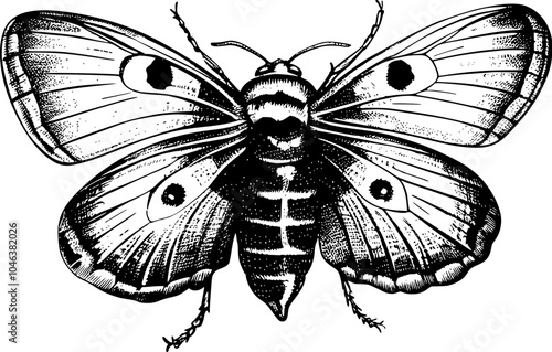 Black and white detailed illustration of a moth with spread wings and visible veins.