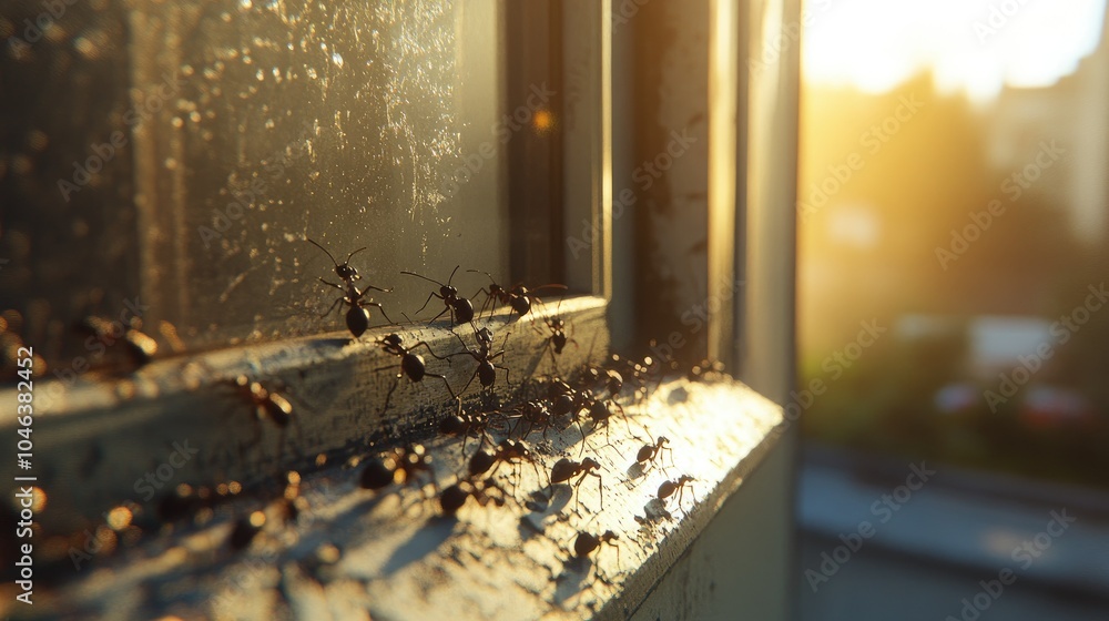 A busy procession of ants inspects the surface of a windowsill, moving methodically in a perfect line, searching for food. A busy procession of ants inspects the surface of a windowsill, moving methodically in a perfect line, searching for food.