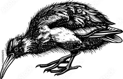 Black and white illustration of a kiwi bird with a long beak and short legs.