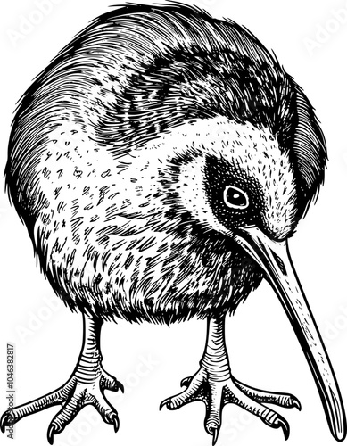 Close-up black and white illustration of a bird's head, showing detailed feathers and eye.