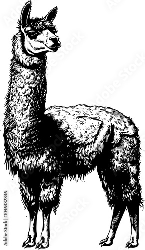 Black and white illustration of a llama's head with a white background.