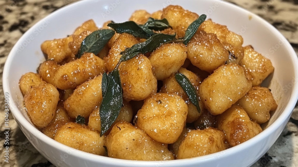 A bowl of gnocchi drizzled with brown butter and sage, capturing the pillowy texture and golden hue of this Italian dish A bowl of gnocchi drizzled with brown butter and sage, capturing the pillowy texture and golden hue of this Italian dish