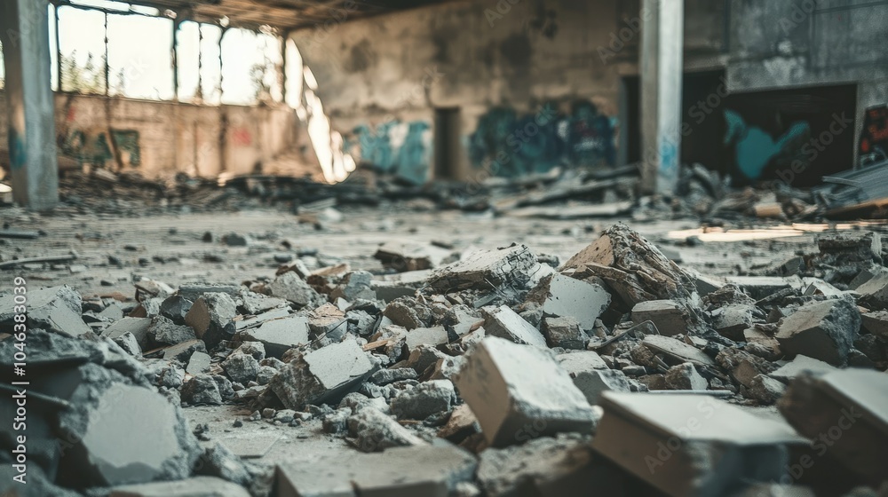 A chaotic scene of concrete rubble and debris scattered across a building site, highlighting destruction and urban decay. A chaotic scene of concrete rubble and debris scattered across a building site, highlighting destruction and urban decay.