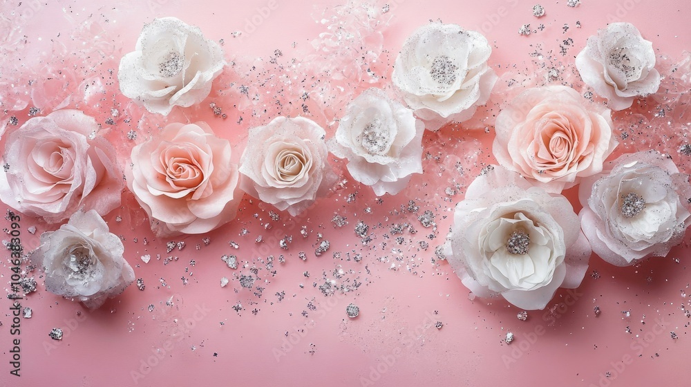 Fototapeta premium A charming Valentine's Day banner featuring a pastel pink backdrop embellished with sparkling silver roses, ideal for expressing love and affection.