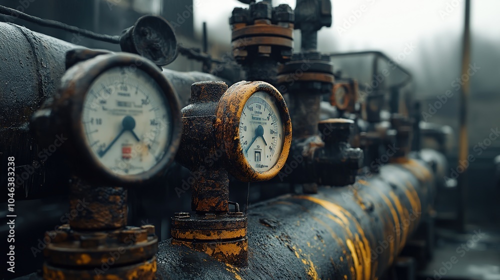 Close-up of a weathered industrial pipeline with yellow valves and a pressure gauge, captured in an outdoor setting during overcast conditions Close-up of a weathered industrial pipeline with yellow valves and a pressure gauge, captured in an outdoor setting during overcast conditions