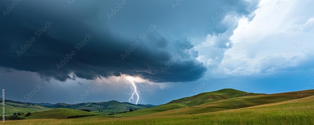 Fototapeta premium Dramatic lightning striking over rolling hills under a stormy sky.