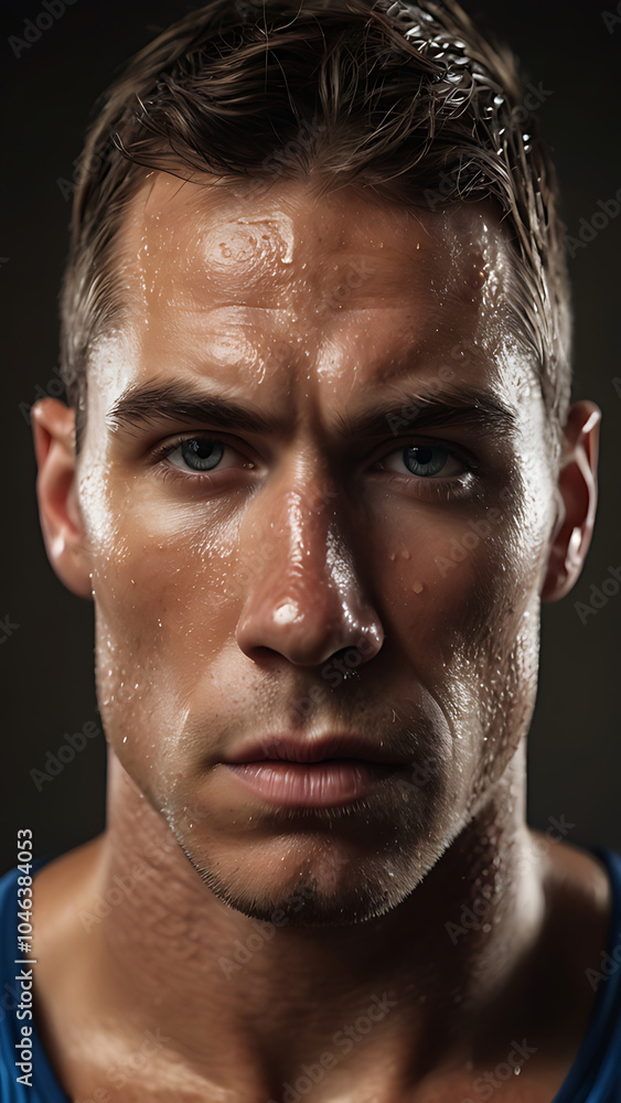 Close-up portrait of a serious athlete with sweat on their face, with large copy space on a textured background. Close-up portrait of a serious athlete with sweat on their face, with large copy space on a textured background.