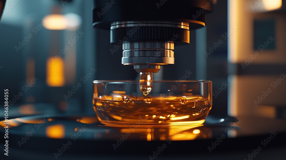 Close-up view of a microscope analyzing a vibrant liquid specimen in a modern laboratory environment during evening hours Close-up view of a microscope analyzing a vibrant liquid specimen in a modern laboratory environment during evening hours