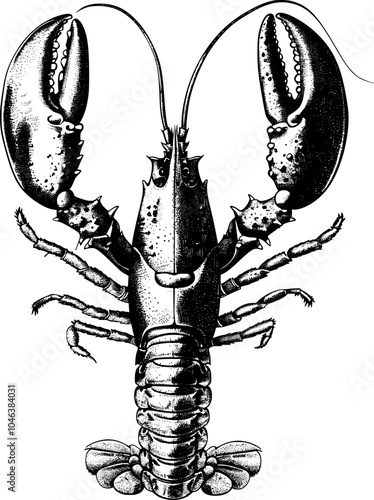 A black and white illustration of a lobster with its claws up.