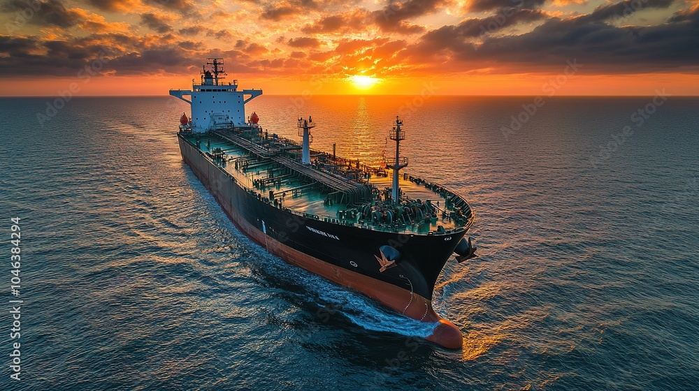 Obraz premium Large tanker vessel navigates open waters at sunset, displaying vibrant colors in the sky over the ocean