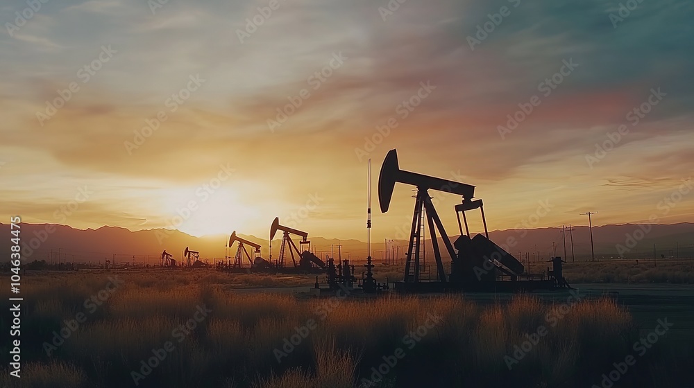 Sunset view of oil pumps in a rural landscape with dramatic clouds highlighting the evening sky Sunset view of oil pumps in a rural landscape with dramatic clouds highlighting the evening sky