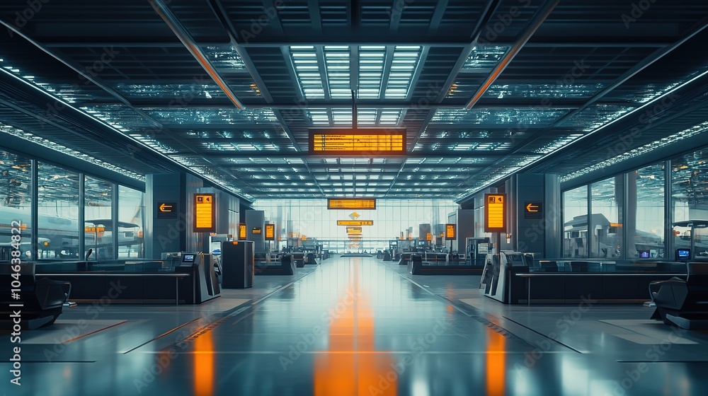 Futuristic airport terminal with vibrant blue lighting and digital displays, showcasing a calm atmosphere during late evening hours Futuristic airport terminal with vibrant blue lighting and digital displays, showcasing a calm atmosphere during late evening hours