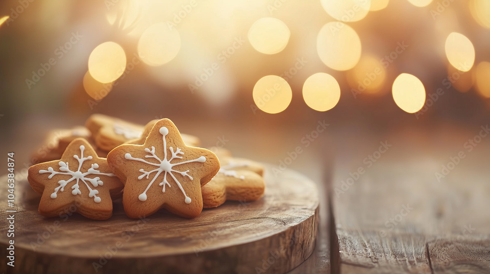 Several gingerbread cookies shaped like stars on a rustic wooden board, festive holiday theme Several gingerbread cookies shaped like stars on a rustic wooden board, festive holiday theme