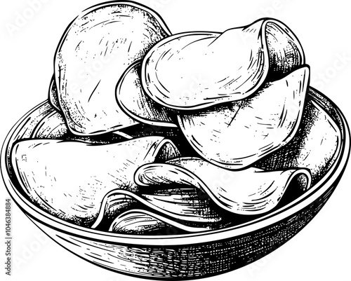Black and white hand drawn illustration of potato chips in a bowl.