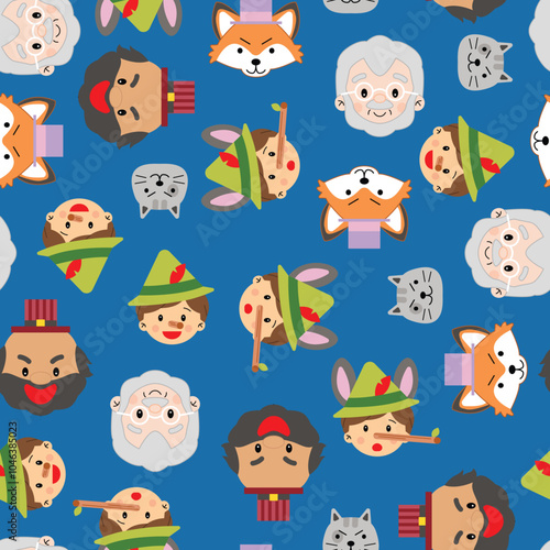 Pinocchio seamless pattern characters fairy tale cute modern simple children illustration colourful playful decorative element