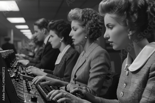 Women Working on Teletype Machines in Office photo