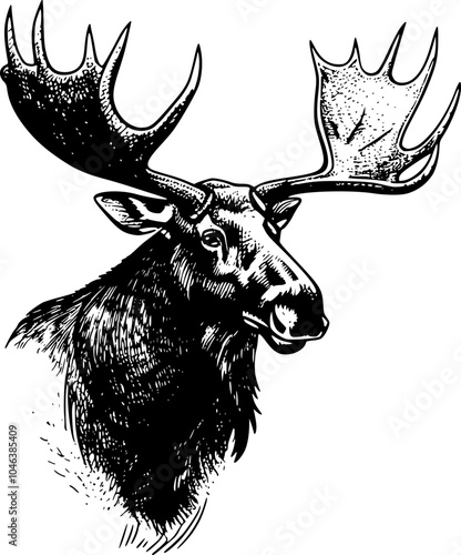 Black and white detailed engraving style illustration of the head of a moose with large antlers.