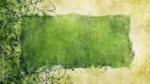 2410 75.A green rectangle with rough, hand-drawn edges sits atop a textured paper background, with irregular crayon scribbles creating organic shapes around it. The abstract design evokes the look of photo