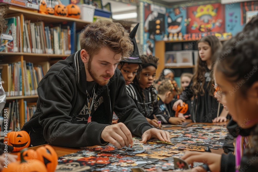 Fototapeta premium Halloween Puzzle Fun in a Library Setting