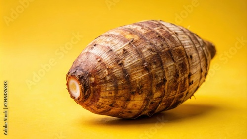 Closeup of taro root vegetable, eddo malanga, on yellow background, taro, root vegetable, eddo malanga, closeup photo