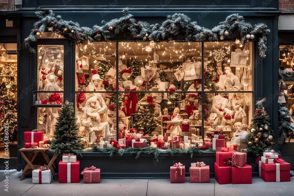 Fototapeta premium A festive holiday storefront window filled with Christmas decorations twinkling lights and gift, Ai Generated