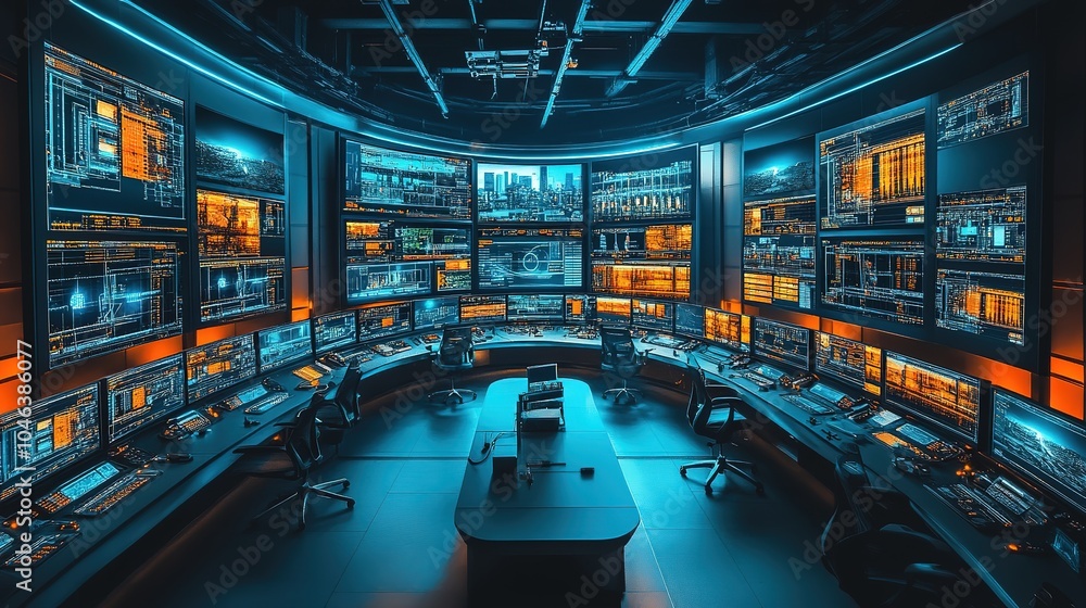 Futuristic control room overlooking a vibrant city skyline at night with extensive digital displays and high-tech interfaces Futuristic control room overlooking a vibrant city skyline at night with extensive digital displays and high-tech interfaces