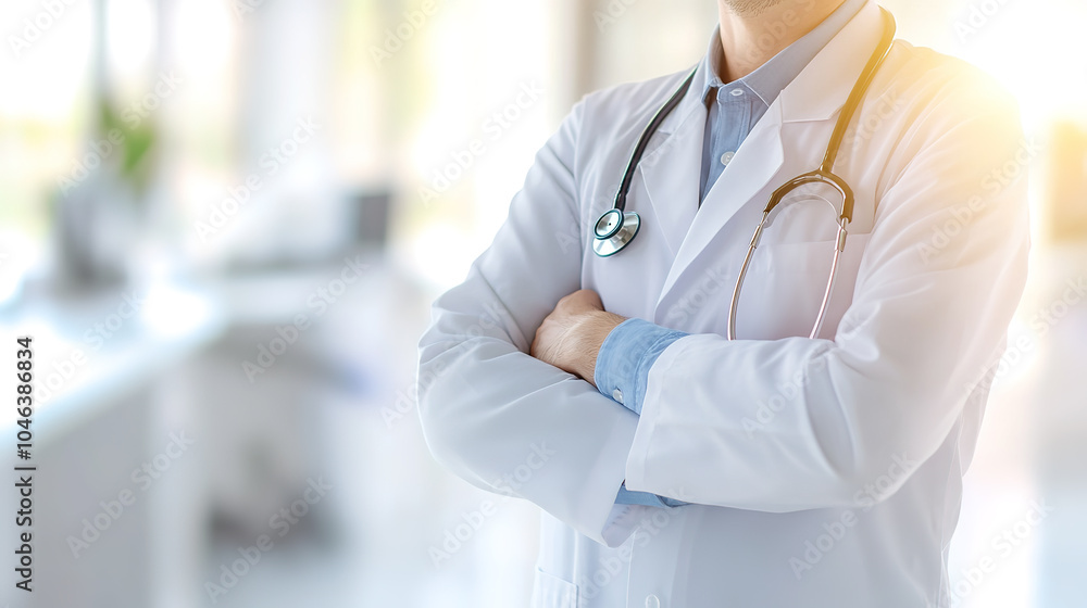 The doctor stood in the hospital office, wearing a white coat and crossing his hands The doctor stood in the hospital office, wearing a white coat and crossing his hands