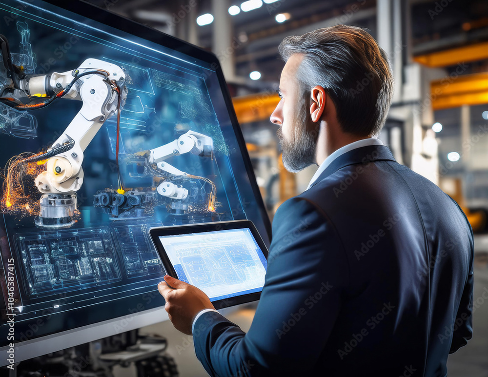 Mann beim übertragen der Einstellungen auf einen Roboterarm
