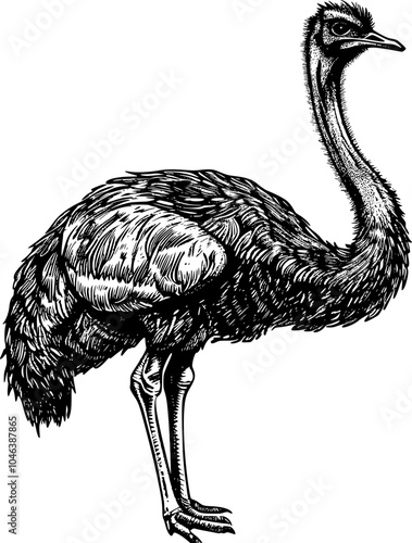 A black and white line drawing of an ostrich's head and neck.