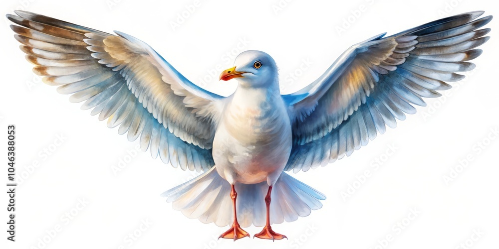 Obraz premium Cute Watercolor Seagull with Outspread Wings and Bright Eye, Night Photography, Coastal Wildlife, Bird Art, Seagull Illustration, Nature Photography, Animal Portrait