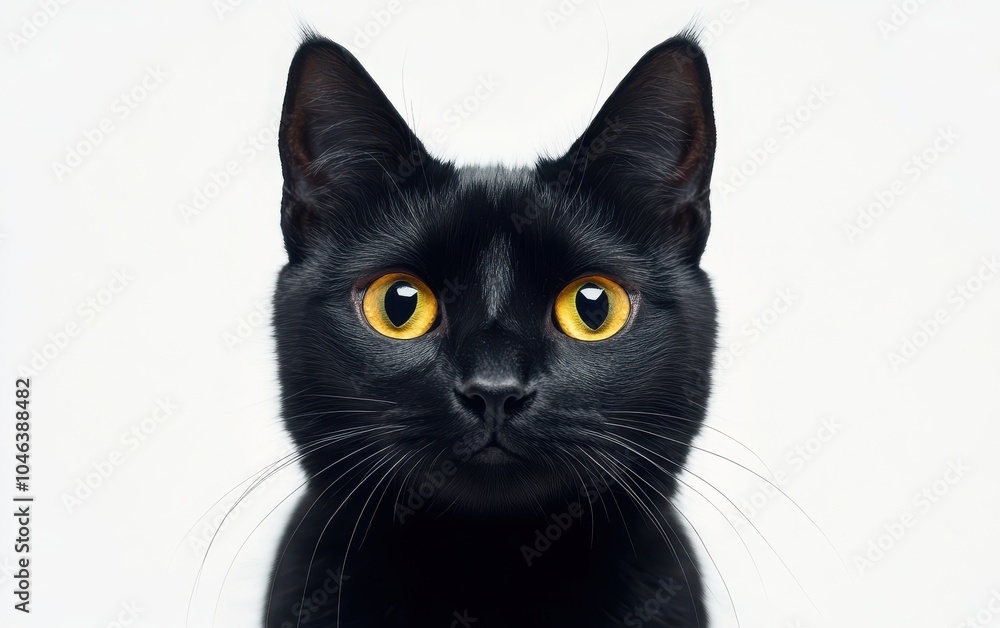 A charming collection of black cats for Halloween, featuring spooky details and sparkling yellowish eyes, displayed elegantly on a clean white background to enhance their creepy appeal A charming collection of black cats for Halloween, featuring spooky details and sparkling yellowish eyes, displayed elegantly on a clean white background to enhance their creepy appeal