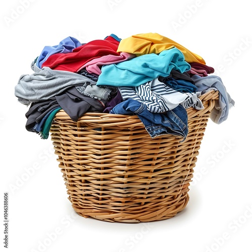 Laundry basket full of clothes on white background