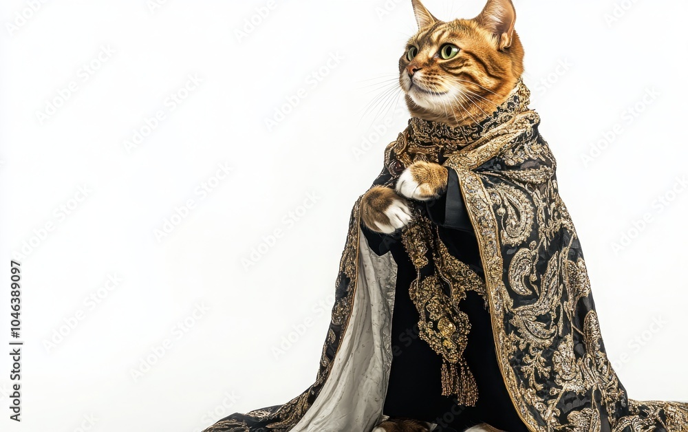 A stylish Arabic cat dressed in traditional garb, featuring ornate gold details and a chic shawl, standing confidently against a minimalist white background for a charming and elegant display A stylish Arabic cat dressed in traditional garb, featuring ornate gold details and a chic shawl, standing confidently against a minimalist white background for a charming and elegant display