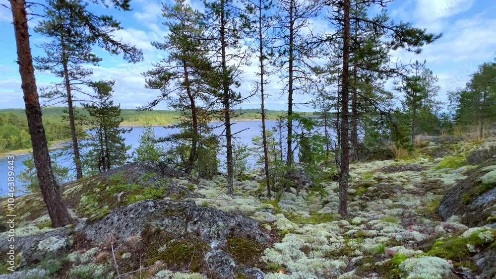 Russia, Karelia, Lake Ladoga, Impilampi. View of the coast of the island in a cold lake. The beautiful nature of the Republic of Karelia. Stunning panoramic view of the Ladoga skerry Islands. 4K Russia, Karelia, Lake Ladoga, Impilampi. View of the coast of the island in a cold lake. The beautiful nature of the Republic of Karelia. Stunning panoramic view of the Ladoga skerry Islands. 4K