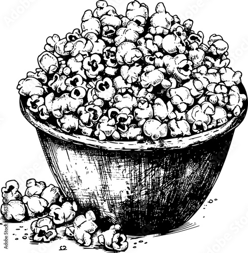 A black and white drawing of a bowl overflowing with popcorn.