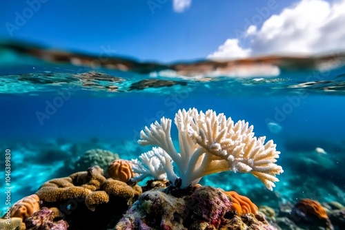 Fototapeta Naklejka Na Ścianę i Meble -  A coral reef bleached and dying, with once vibrant coral now pale and lifeless, surrounded by floating plastic and pollution, capturing the destructive effects of ocean pollution and climate