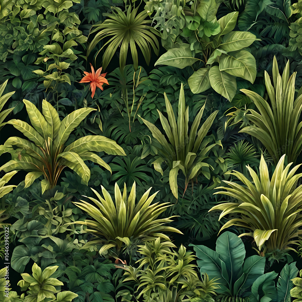 Fototapeta premium a lush tropical jungle, dense foliage, vibrant green leaves, large palm fronds, exotic flowers, dense overgrowth, dense vegetation, dense canopy, natural wildlife, rich ecosystem, dense forest,