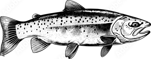 Black and white illustration of a trout fish.