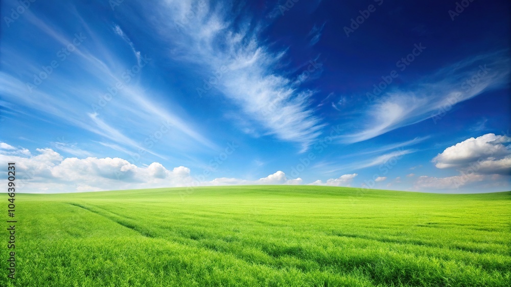 Fototapeta premium Minimalist panoramic landscape of greenfield with blue sky